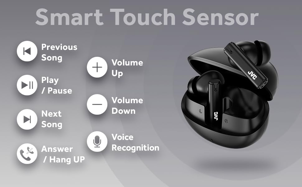 JVC HAB6TB earbuds with touch controls for easy playback and volume.