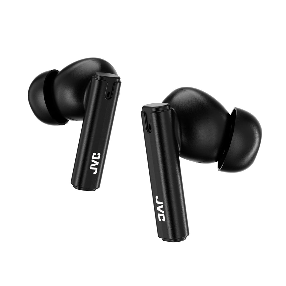 JVC HAB6TB ultra-compact earbuds in a case for easy portability.
