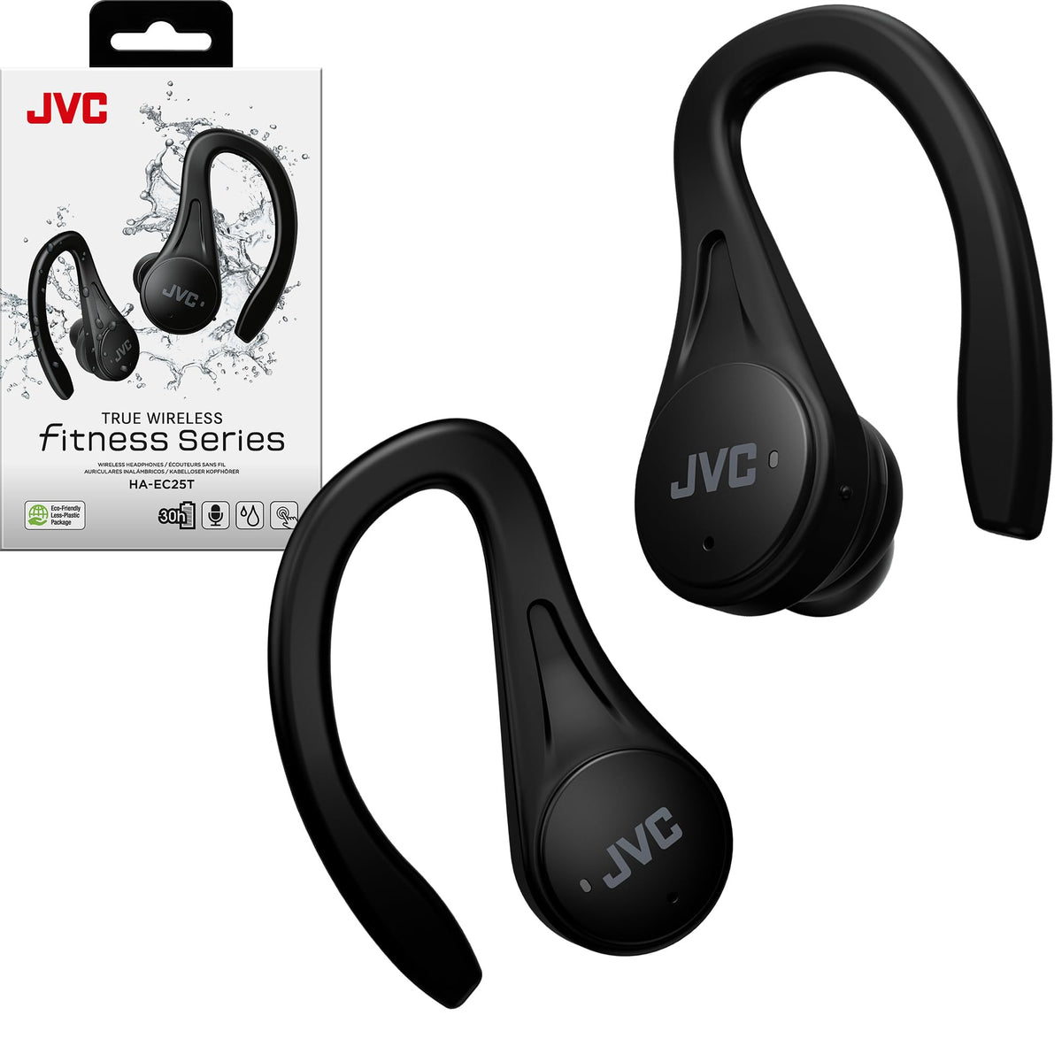 JVC HAEC25TB front packaging showing earbuds and benefits