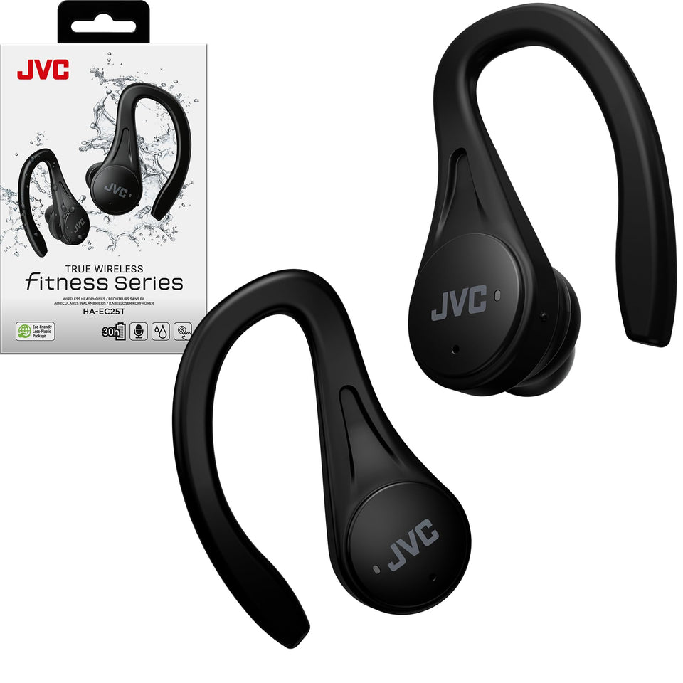 JVC HAEC25TB front packaging showing earbuds and benefits