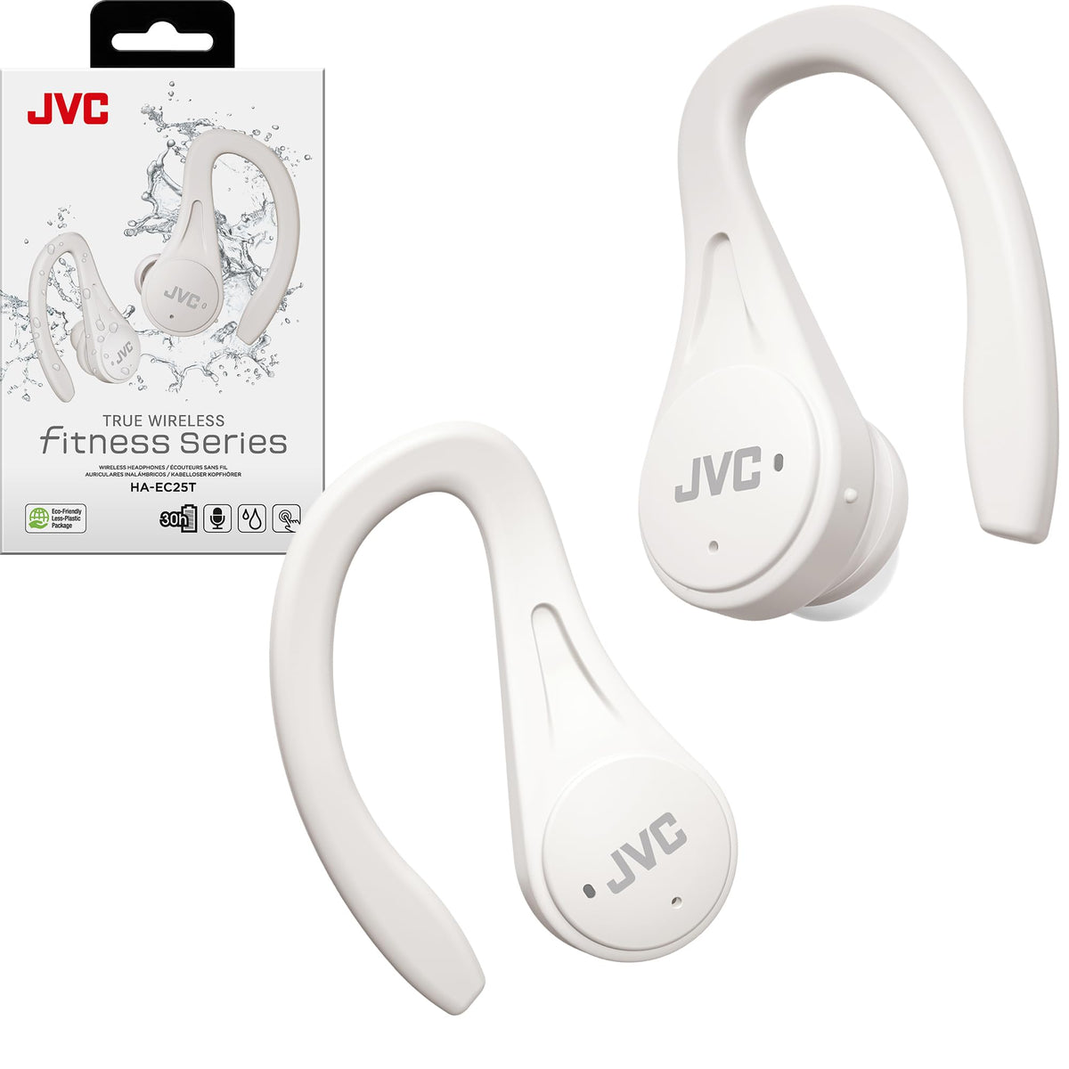 JVC HAEC25TW front packaging showing product and benefits