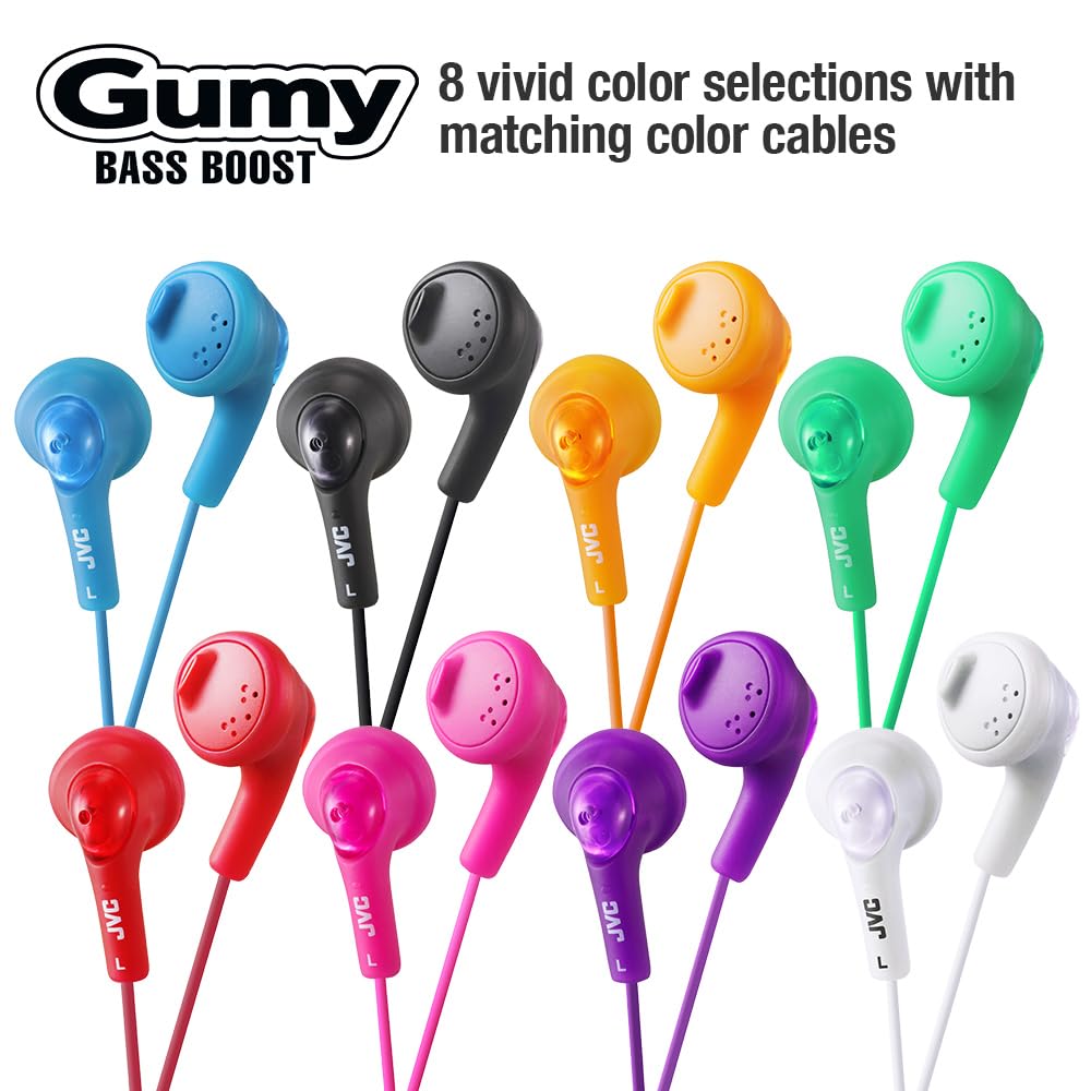 JVC HAF160P Gumy Ear Buds Pink, angled view, reliable wired connection for everyday use.