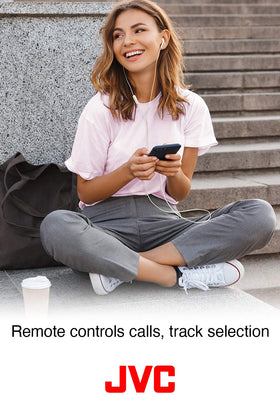 JVC earbuds draped over a backpack to show the 3.28 ft cord reach and portability