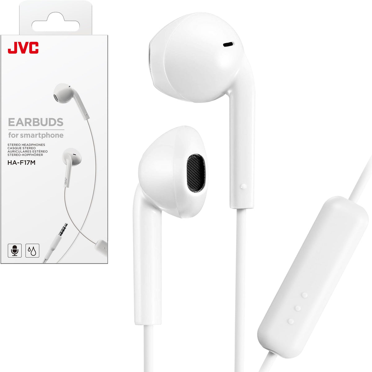 JVC HAF17MW front view showing earbuds and clean white finish for comfortable listening