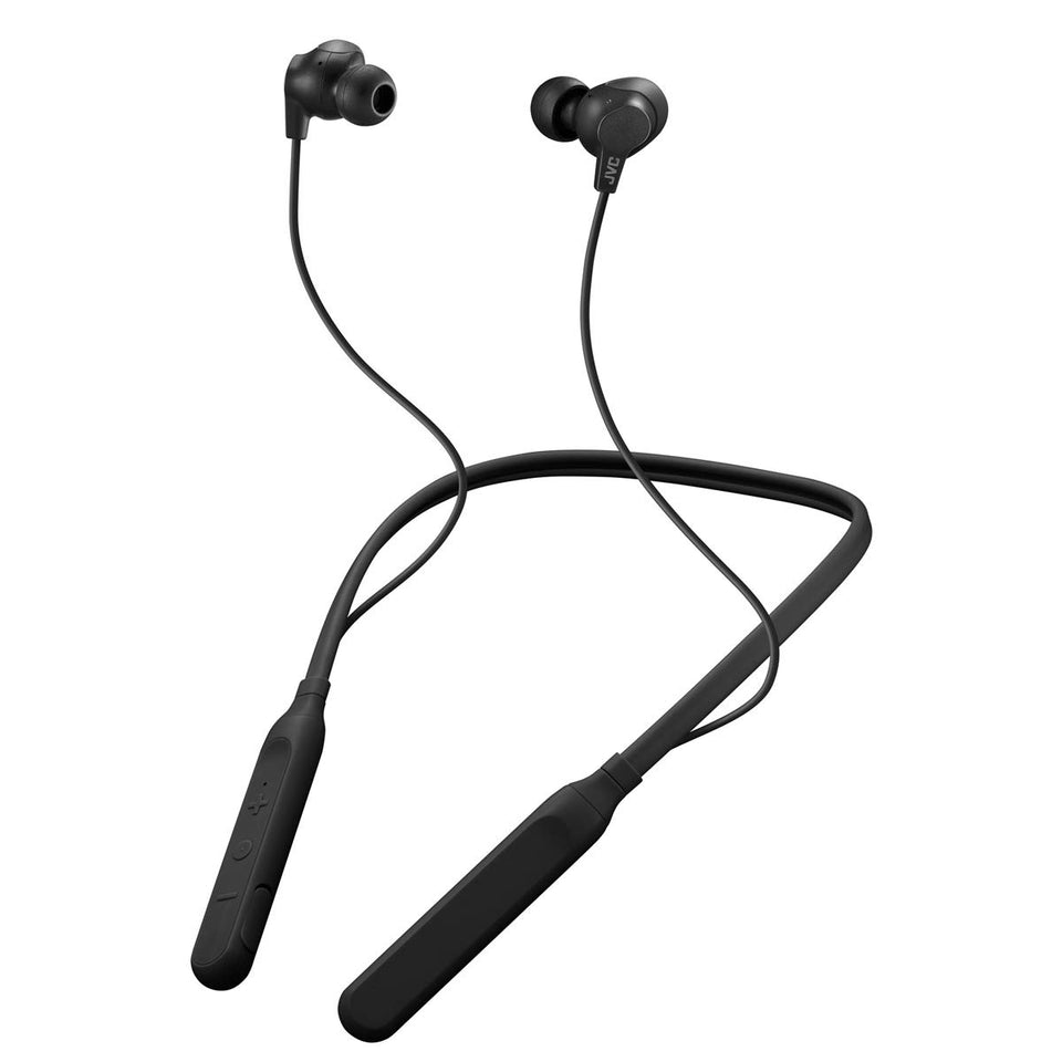 JVC HAFX41WB front view showing earbuds and neckband, comfortable sports fit