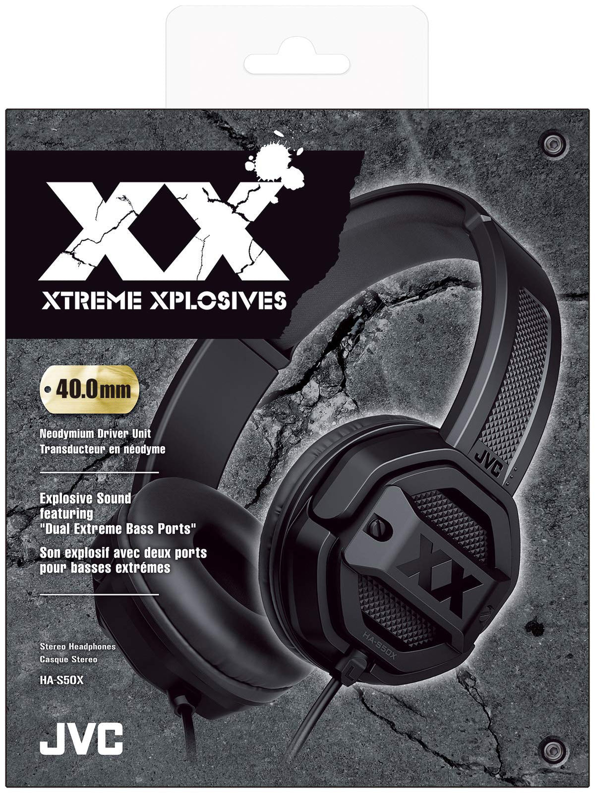 JVC HAS50X on-ear headphones focusing on dual extreme bass ports and powerful bass response.