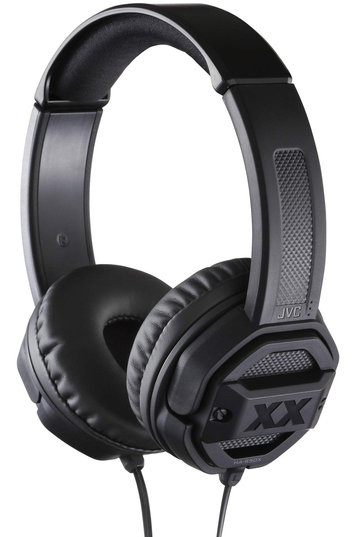 JVC HAS50X on-ear headphones viewed from the side, highlighting lightweight comfort for long listening sessions.