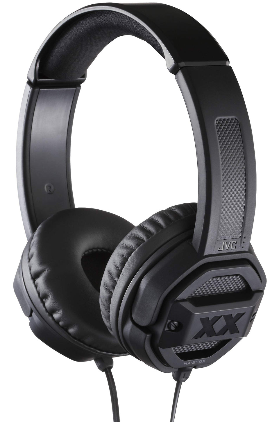 JVC HAS50X on-ear headphones viewed from the side, highlighting lightweight comfort for long listening sessions.