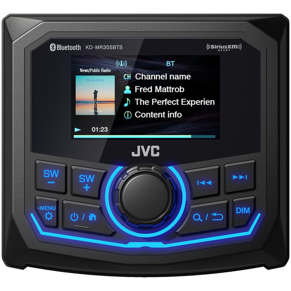 JVC KD-MR305BTS marine gauge receiver front panel with clear 2.7-inch LCD for easy navigation.
