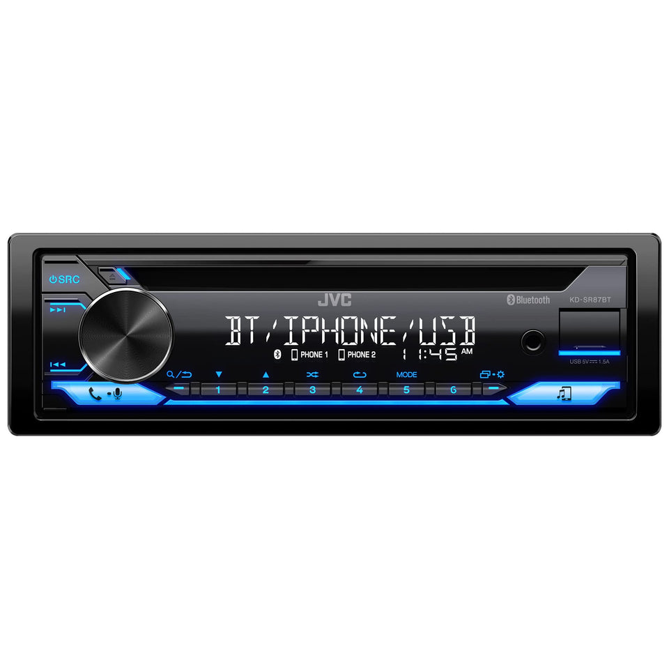 JVC KD-SR87BT detachable face plate enhances security and easy maintenance.