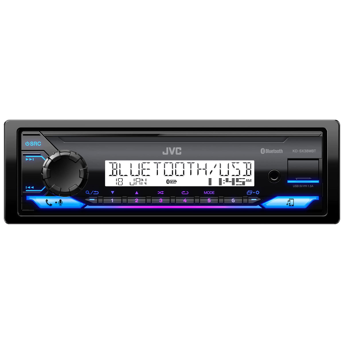 JVC KD-SX38MBT front panel showing buttons and display, clear controls for easy operation