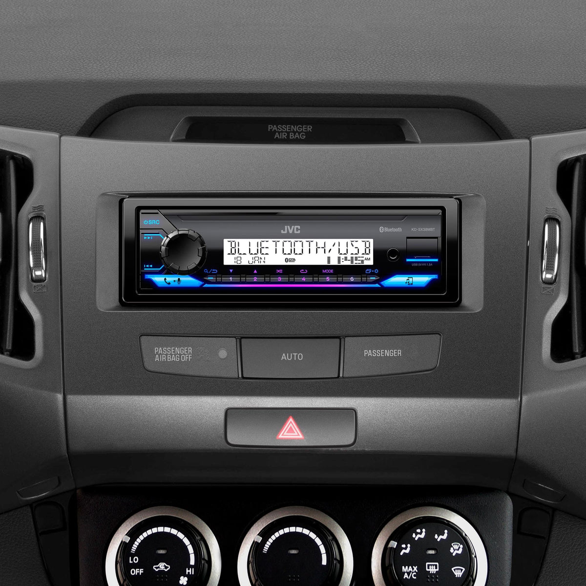 Rear view of JVC KD-SX38MBT showing power, speaker and preamp outputs for system expansion