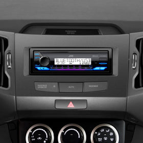 Rear view of JVC KD-SX38MBT showing power, speaker and preamp outputs for system expansion