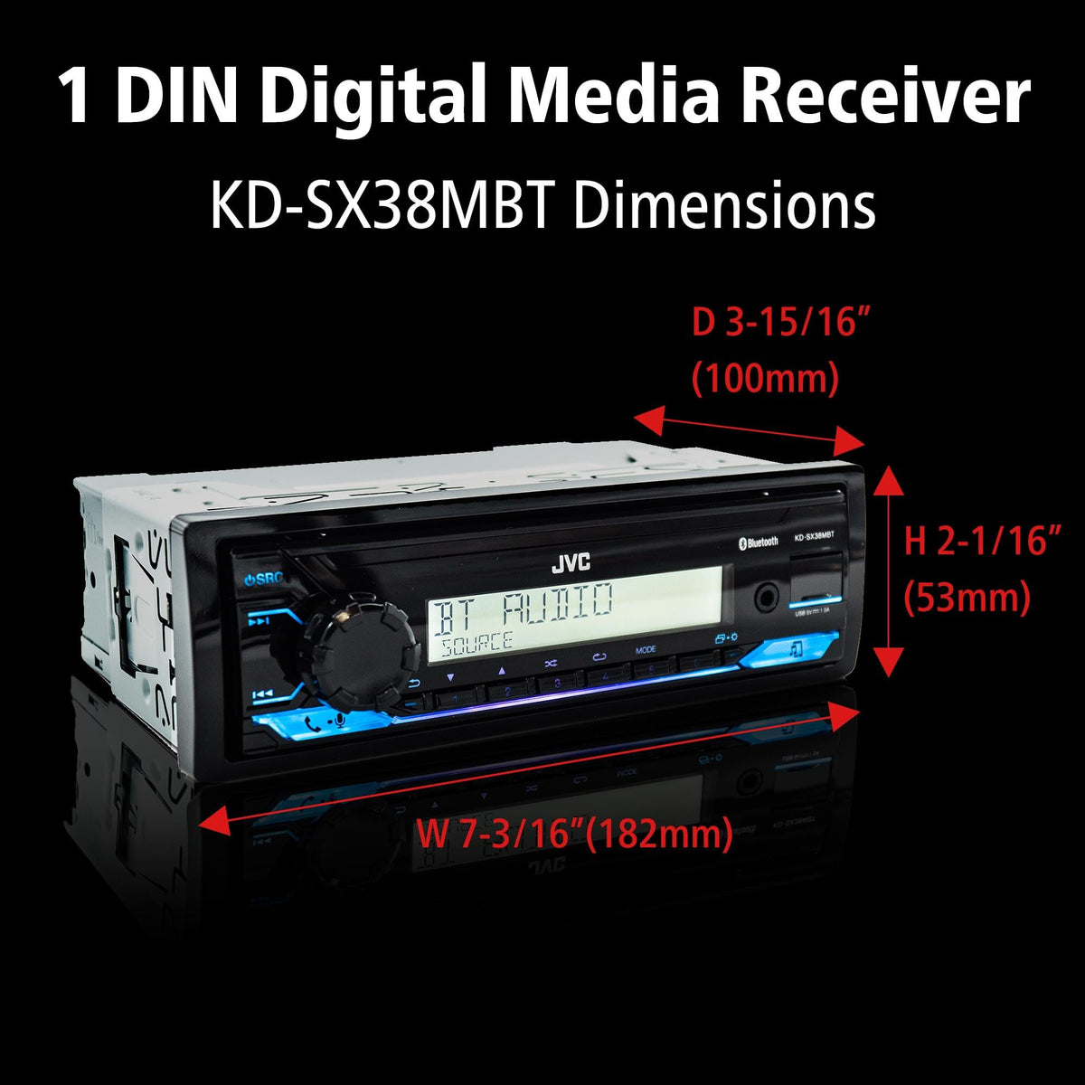 RGB illumination on JVC KD-SX38MBT lit in cool tone, customizable lighting improves visibility