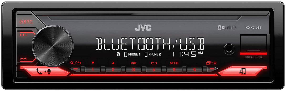 JVC KD-X270BT front panel display shows music info at a glance