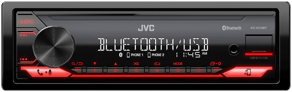 JVC KD-X270BT front panel display shows music info at a glance