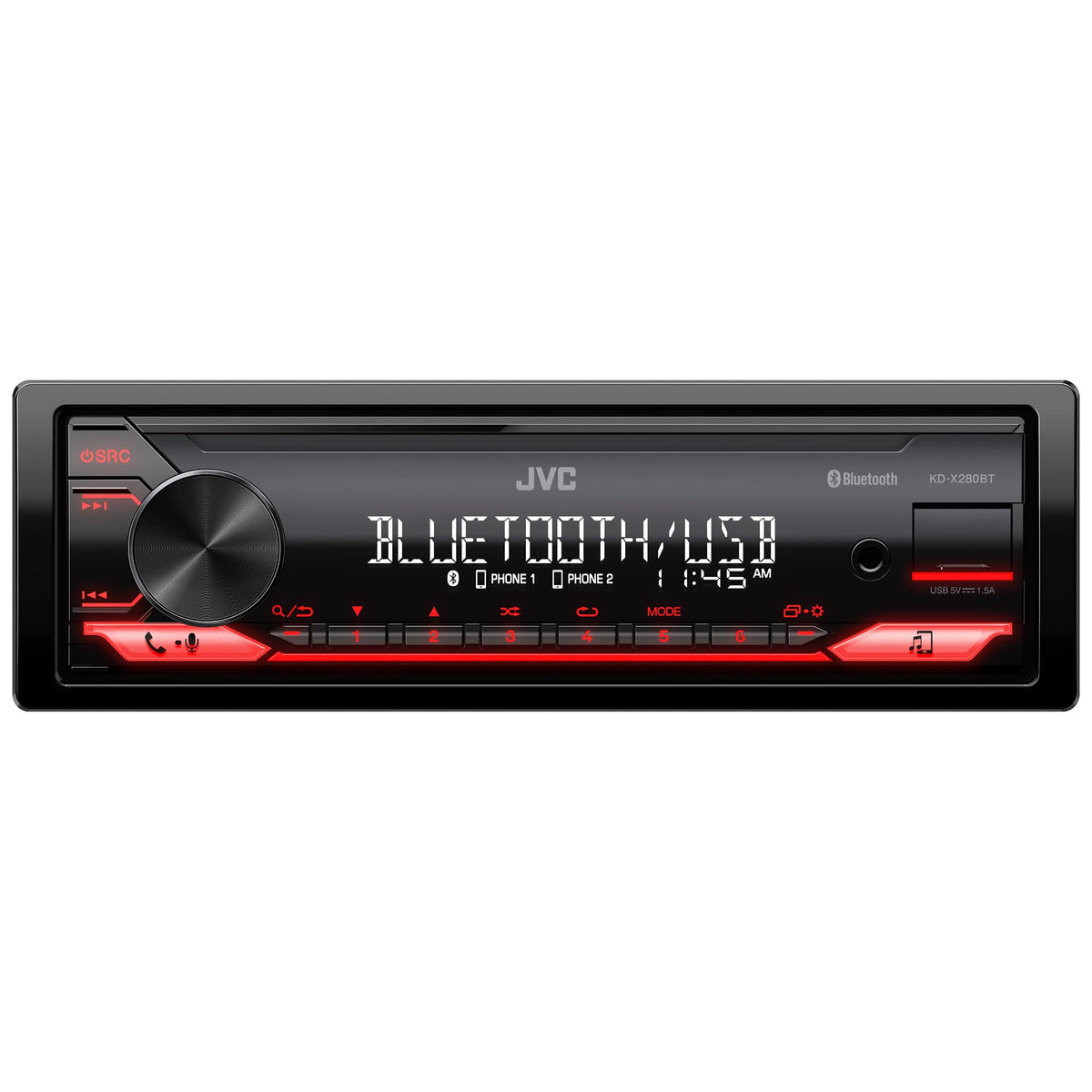 JVC KD-X280BT detachable face plate enhances security and clean dashboard look.