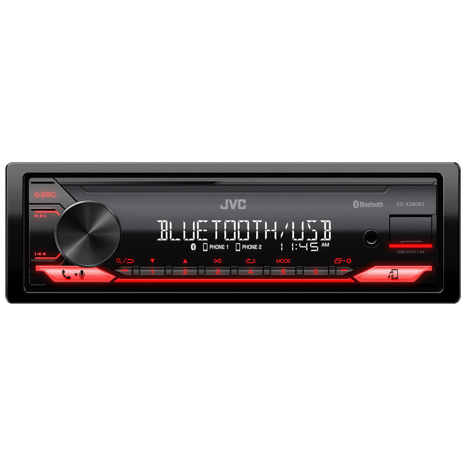 JVC KD-X280BT detachable face plate enhances security and clean dashboard look.