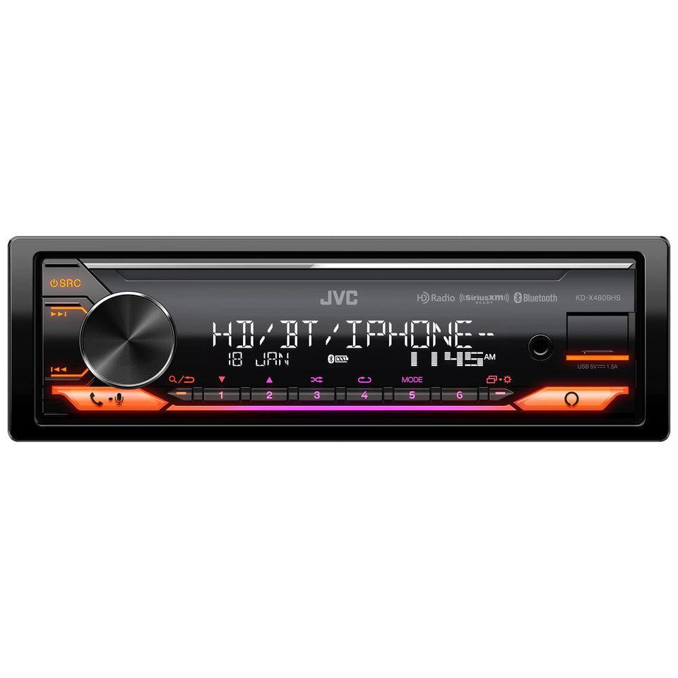 JVC KD-X480BHS front panel with two-line display for quick control.