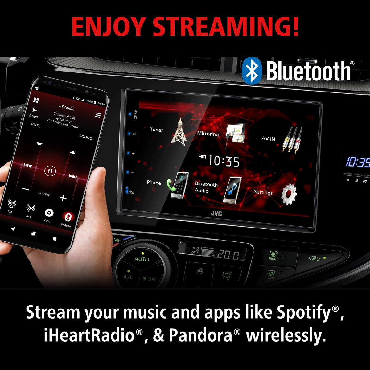 JVC KW-M180BT AM/FM radio with digital media compatibility enriches road listening.