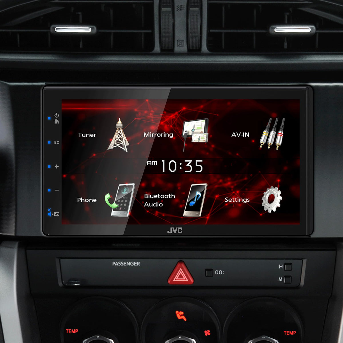 JVC KW-M180BT rear camera input supports safer reversing assistance.