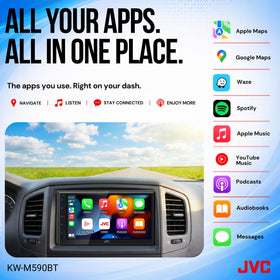 JVC KW-M590BT dual DIN L-shaped chassis fits a wide range of cars