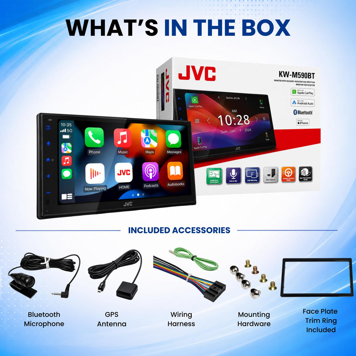 JVC KW-M590BT USB fast charging powers devices on the go