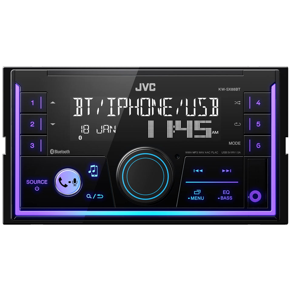 JVC KW-SX88BT front panel display with vivid color options for enhanced in-car visibility