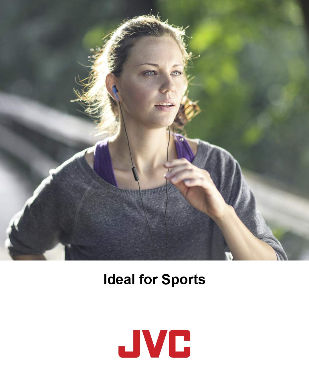 JVC earbuds worn by runner outdoors highlighting sweat resistance and durability