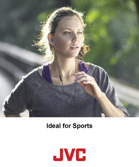 JVC earbuds worn by runner outdoors highlighting sweat resistance and durability