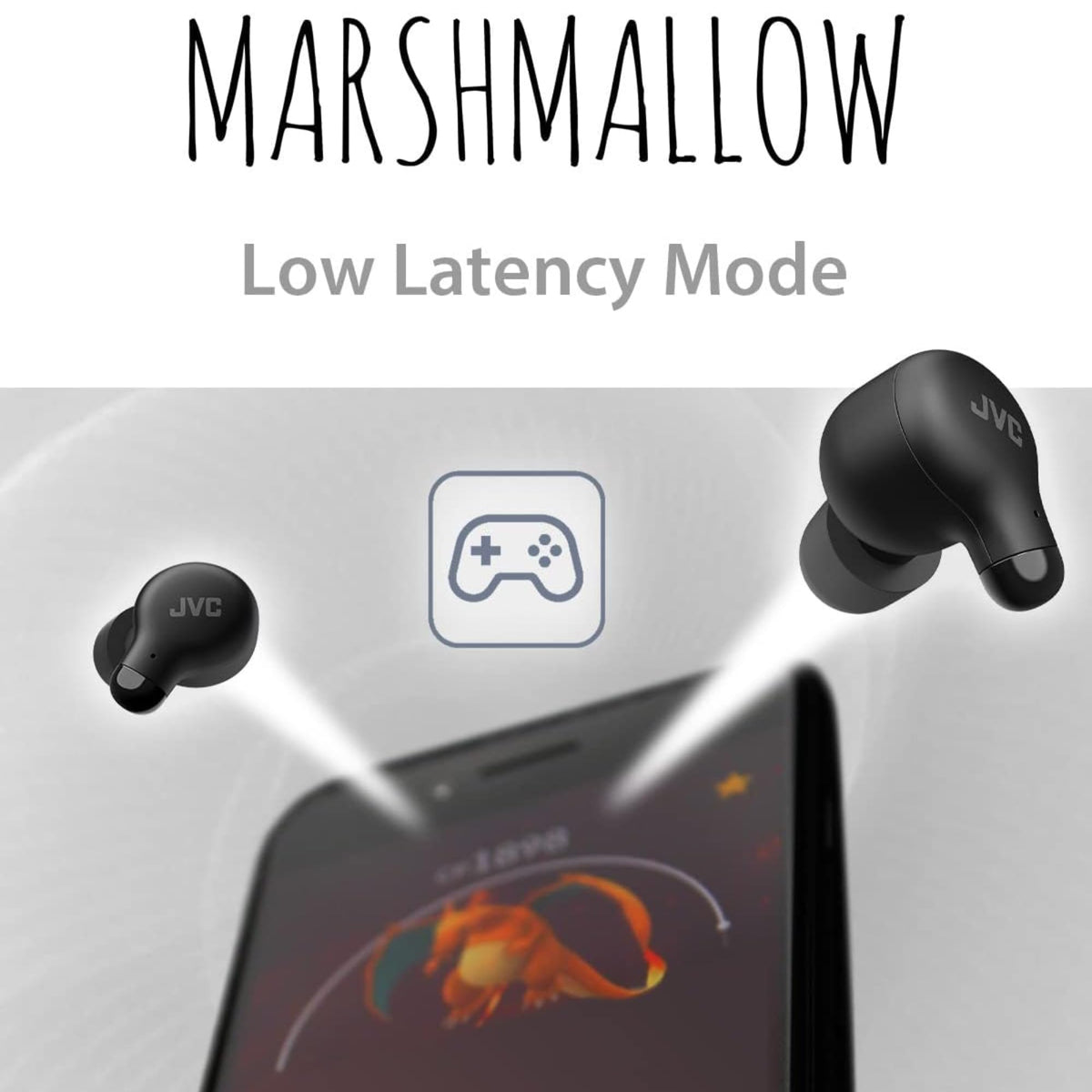 JVC Marshmallow charging case open with earbuds showing extended 28-hour battery