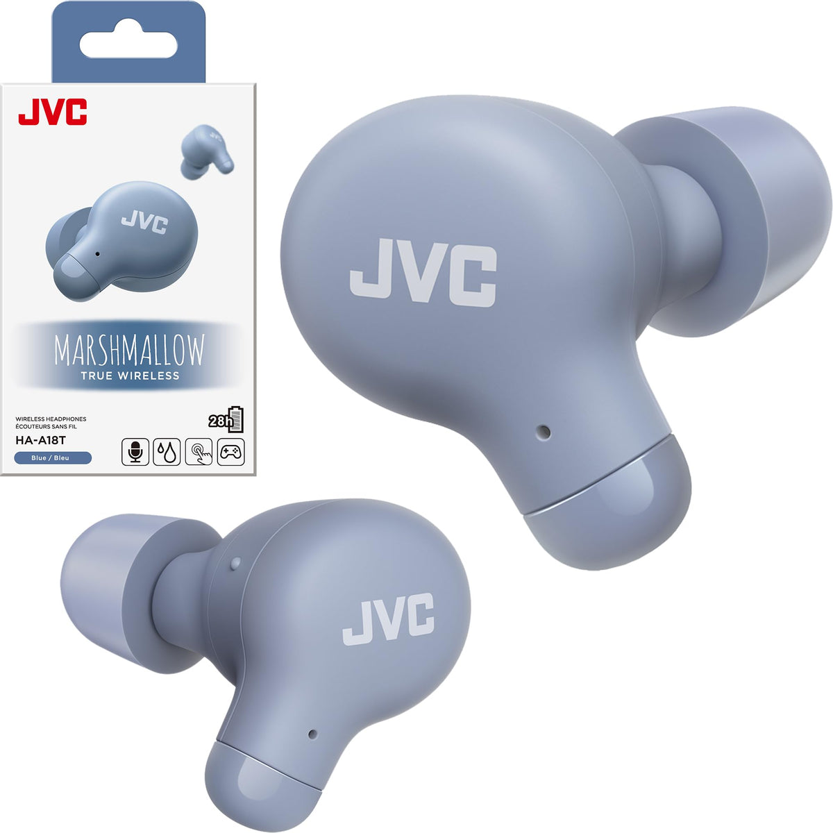 JVC Marshmallow front view showing earbuds and compact case for easy portability
