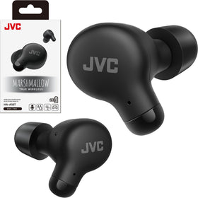 JVC Marshmallow front packaging showing earbuds and compact case for portability