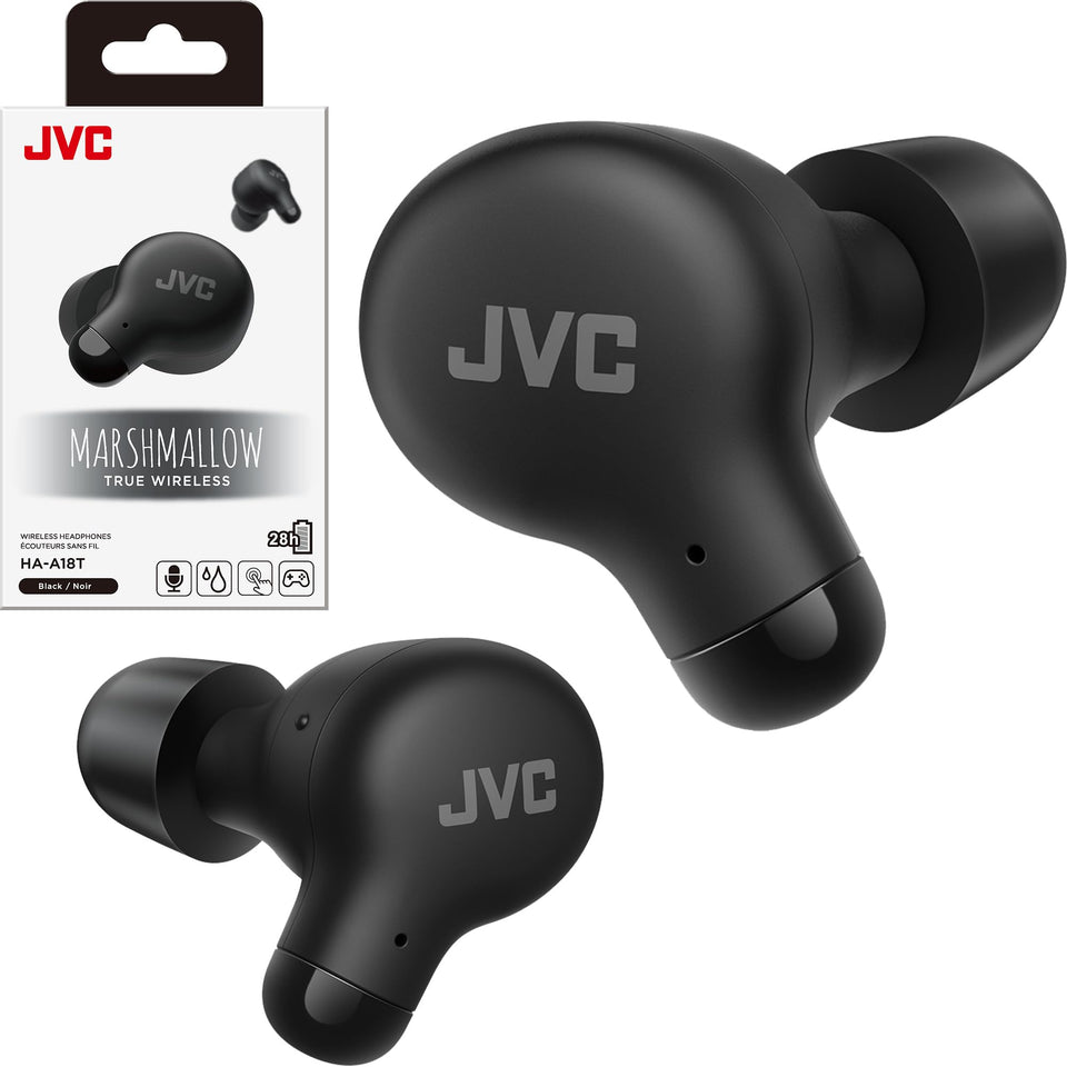JVC Marshmallow front packaging showing earbuds and compact case for portability