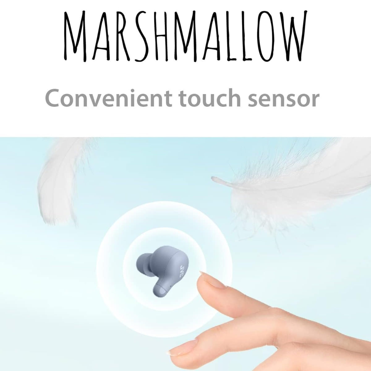 JVC Marshmallow open charging case showing earbuds and extended battery benefit