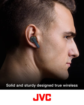 JVC RIPTIDZ charging case open with earbuds, quick charge and portable battery benefit