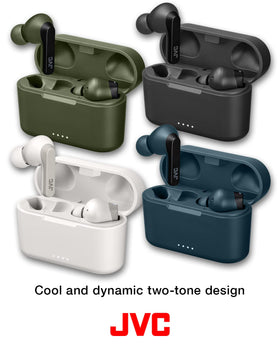 JVC RIPTIDZ earbud close-up highlighting two-tone finish and detail durability