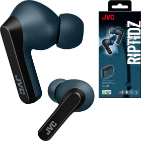 JVC RIPTIDZ front packaging showcasing navy earbuds and case, clear product view