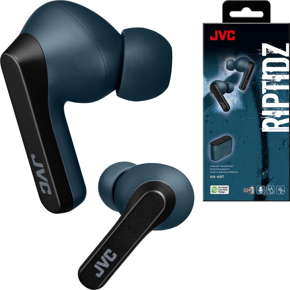 JVC RIPTIDZ front packaging showcasing navy earbuds and case, clear product view