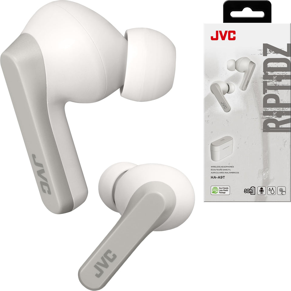 JVC RIPTIDZ front packaging showing earbuds and case, highlighting compact design