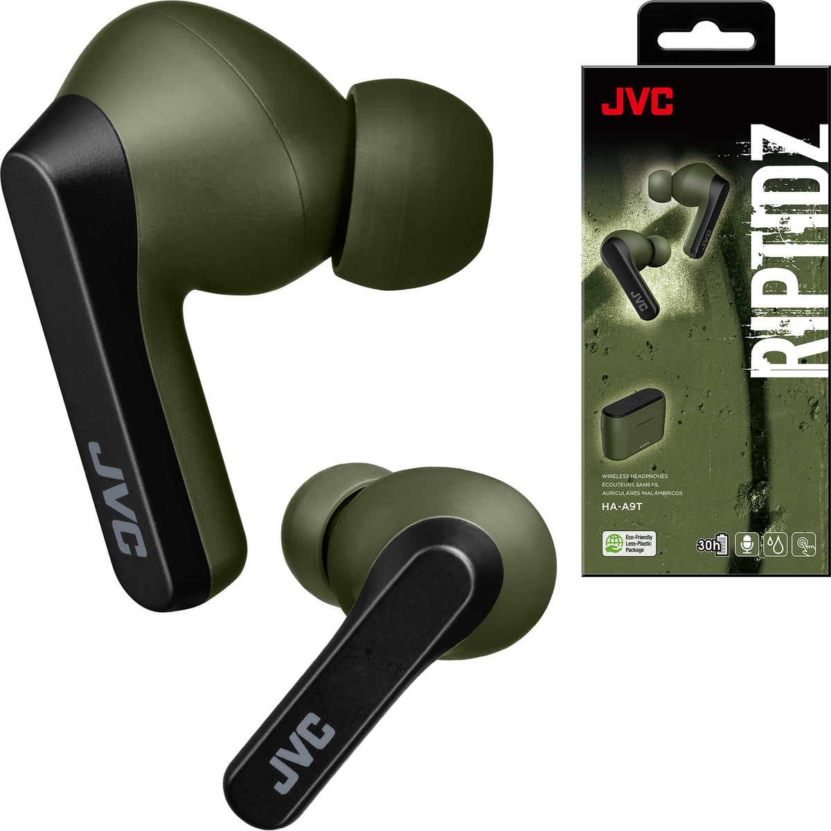 JVC RIPTIDZ front packaging showing green earbuds and case, clear product view and benefit