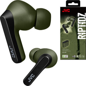 JVC RIPTIDZ front packaging showing green earbuds and case, clear product view and benefit