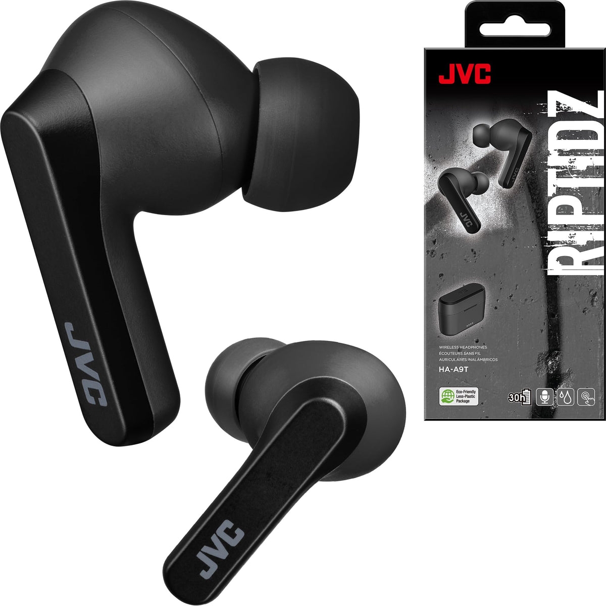 JVC RIPTIDZ front view showing case and earbuds, clear compact design benefit