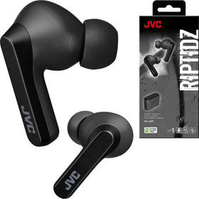JVC RIPTIDZ front view showing case and earbuds, clear compact design benefit