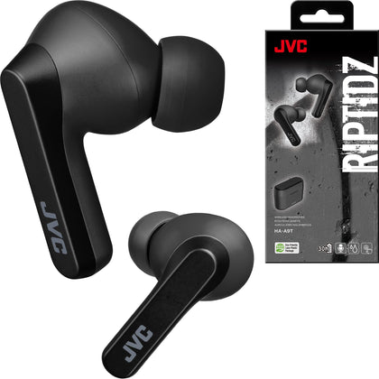 JVC RIPTIDZ front view showing case and earbuds, clear compact design benefit