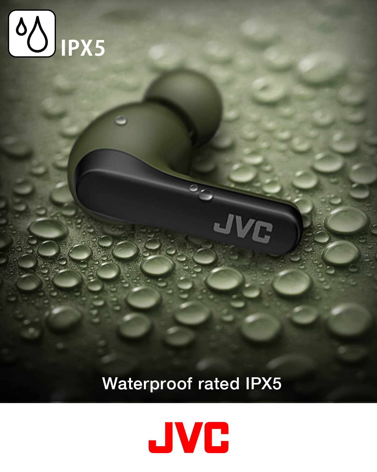 JVC RIPTIDZ earbuds during outdoor run showing IPX5 sweat and rain protection
