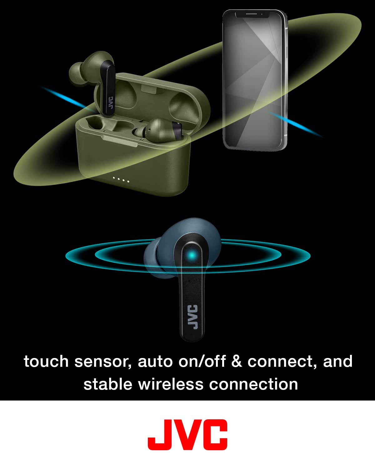 JVC RIPTIDZ next to smartphone illustrating compact scale and portability