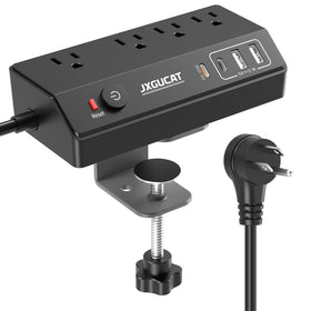 JXGUCAT desk clamp power strip with angled plug for a clean, accessible workstation.