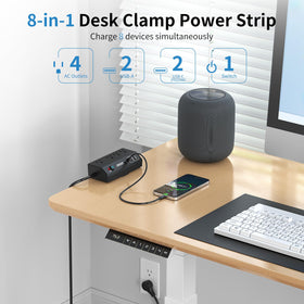 JXGUCAT desk clamp power strip with 20W USB-C fast charging.