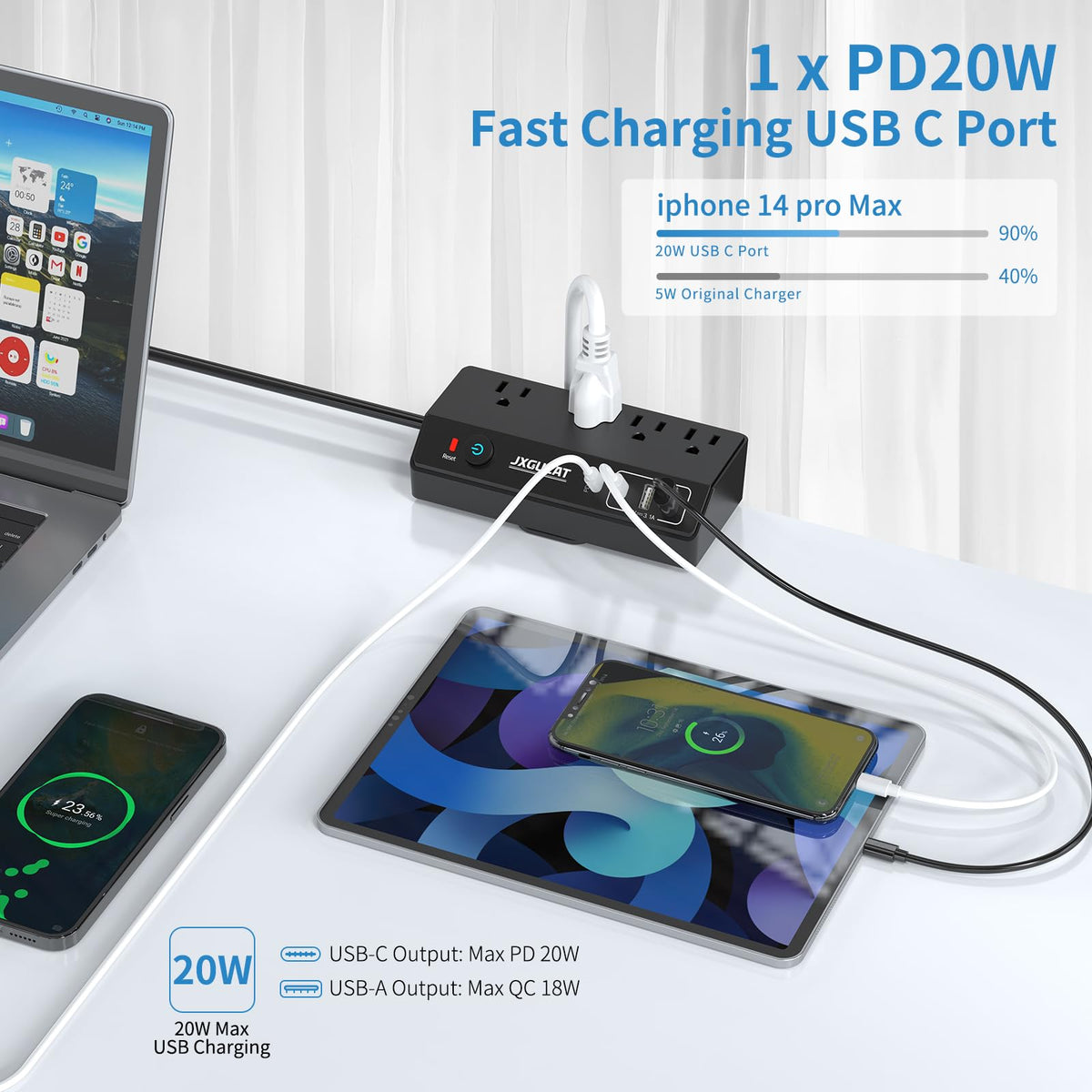 JXGUCAT desk clamp power strip featuring a USB-C port for fast charging.